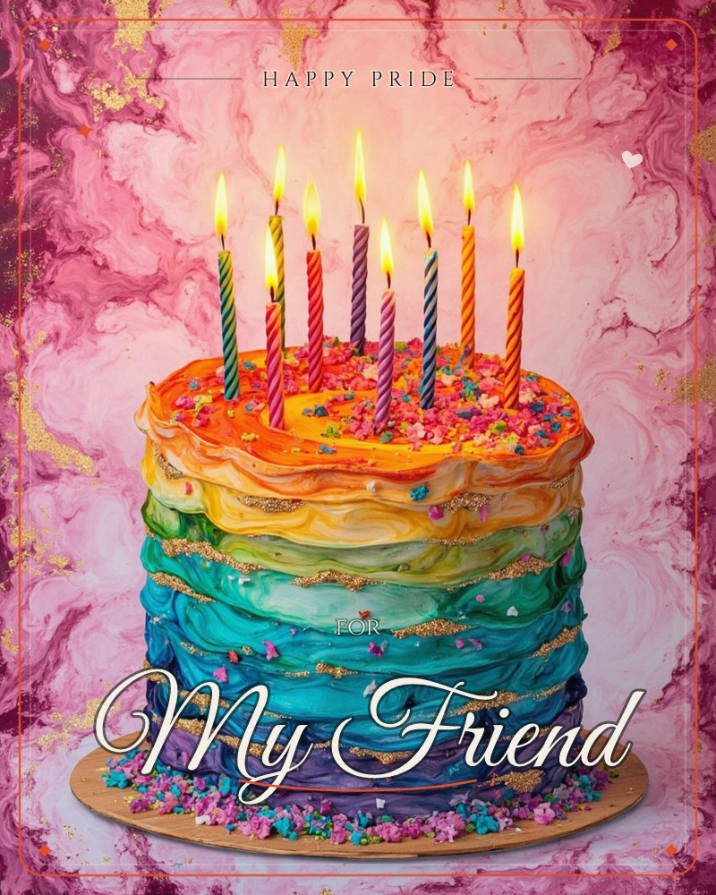 A layered birthday cake swirls from deep orange down through green and teal to indigo, its icing rippled like marbled paint and flecked with gold and…, a pride e-card design
