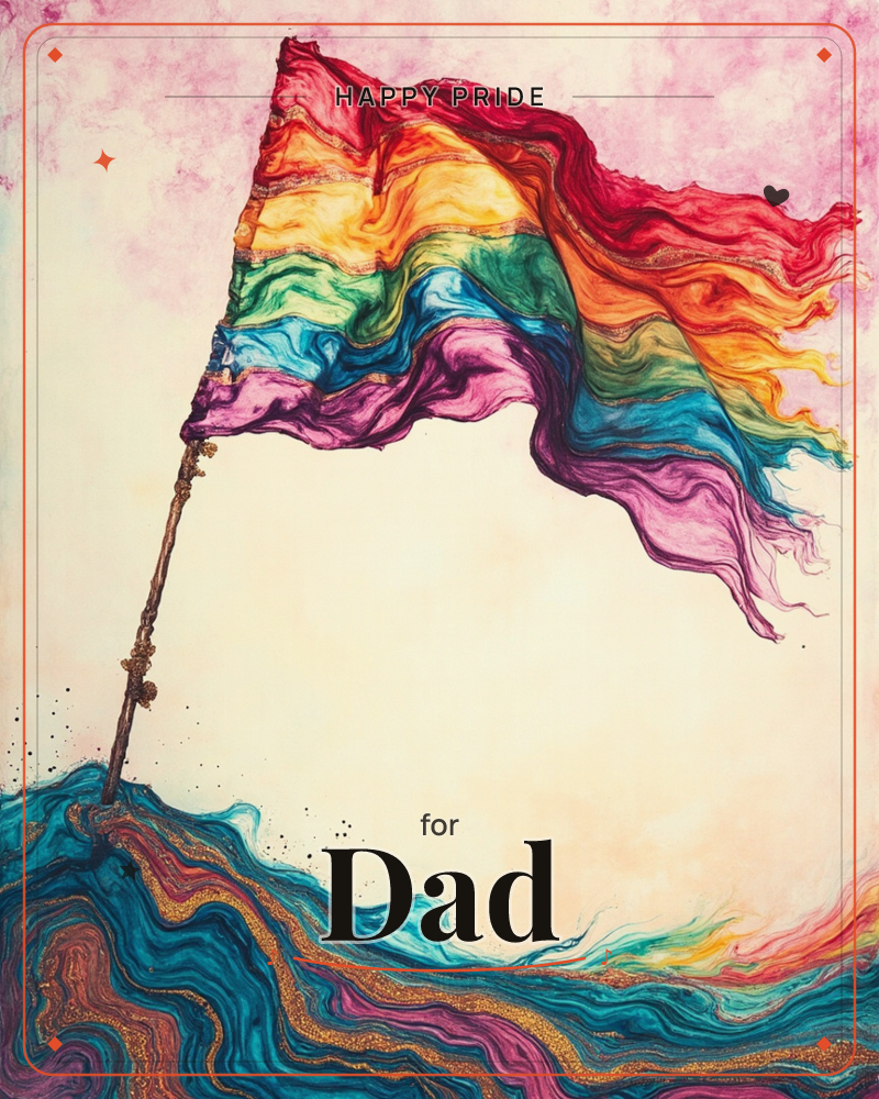 A weathered wooden pole rises from a swirling, wave-like mound of dark inky colour, flying a rainbow flag that ripples and frays into wispy streaked edges, a pride e-card design