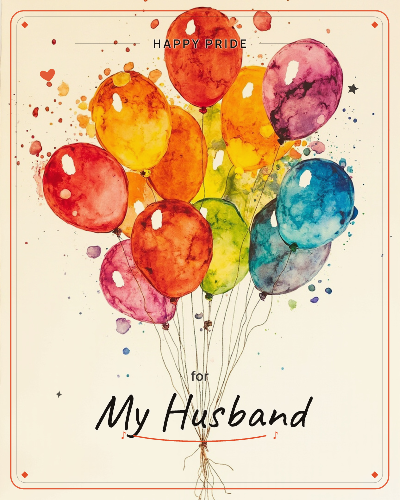 A cluster of watercolour balloons floats against a pale, softly vignetted background, their strings twisting together into a single knotted bunch, a pride e-card design