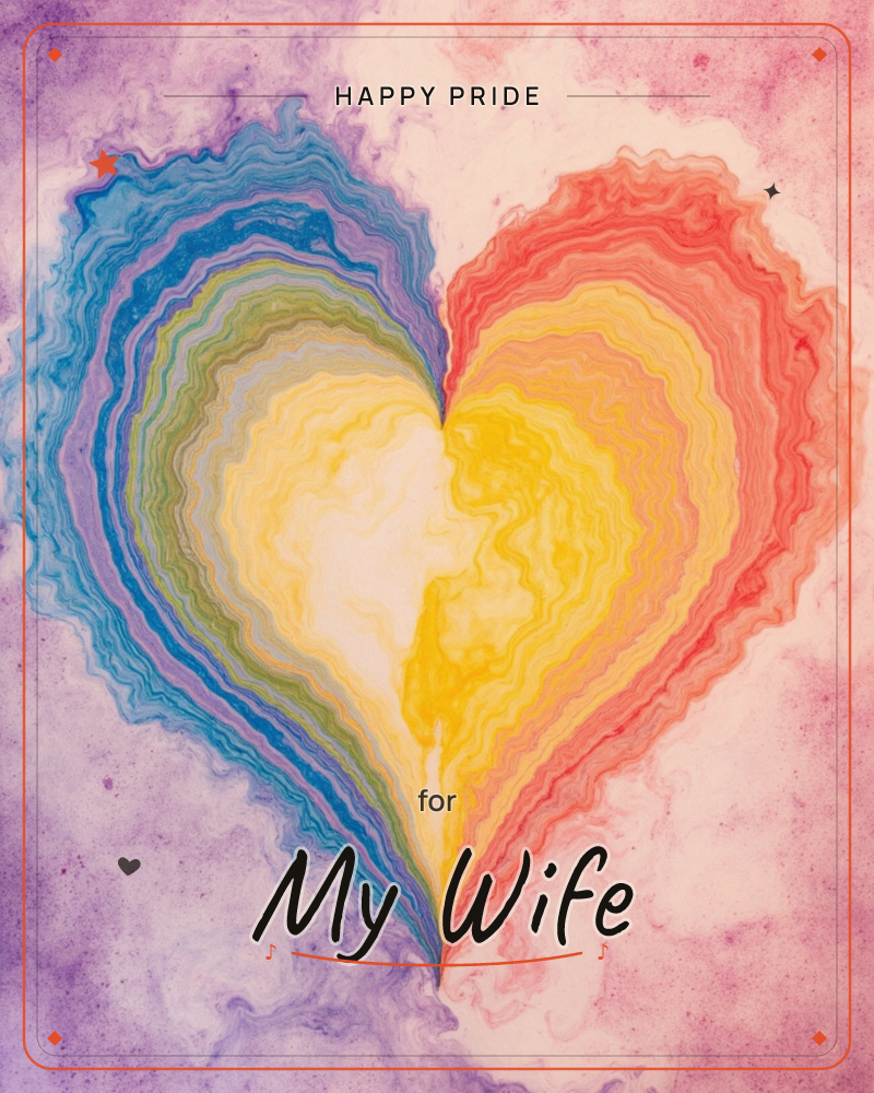 A heart formed from rippling concentric bands of colour, like marbled ink or paint swirled on water, glowing from a bright yellow-white centre out…, a pride e-card design