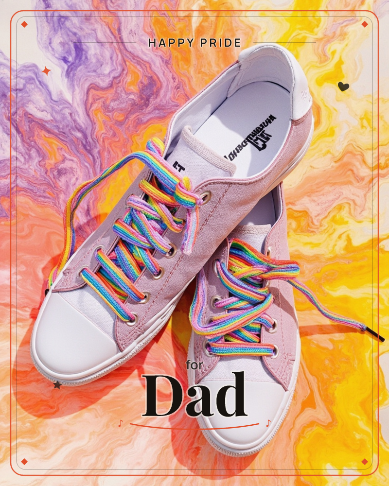 A pair of pale pink canvas sneakers with white rubber soles sits crossed over a swirling backdrop of purple, orange and yellow marbled colour, a pride e-card design