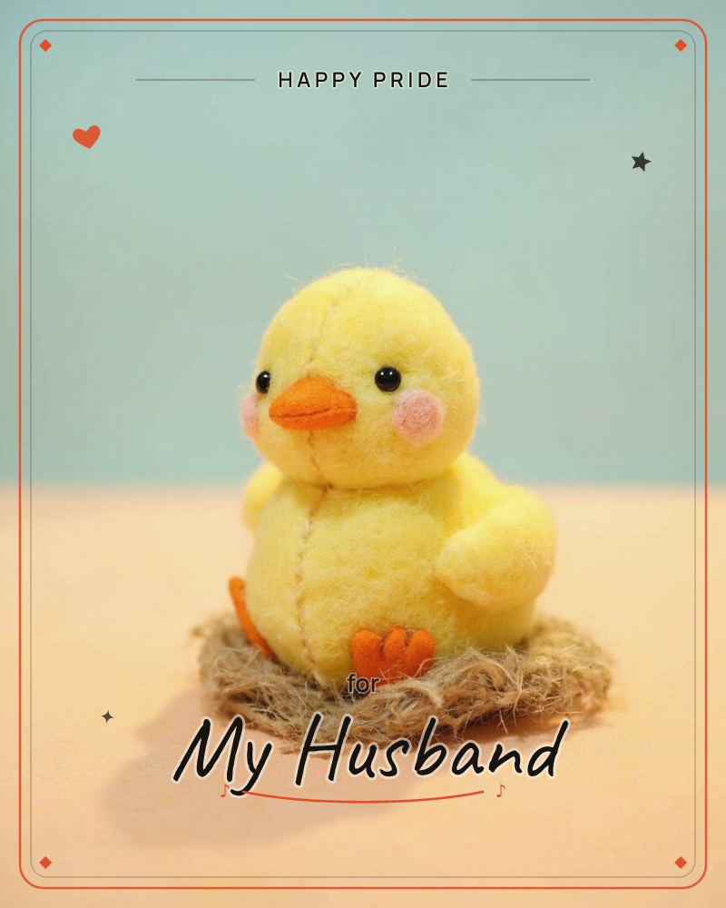 A small fuzzy yellow chick toy sits perched on a twist of woven twine, its orange felt beak and feet and blushed pink cheeks caught in soft, even light, a pride e-card design
