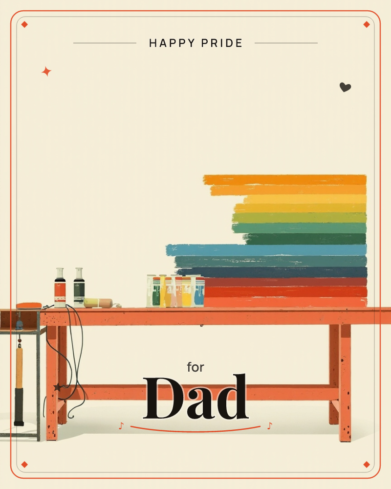 A wooden workbench sits against a bare wall, where a wide brushstroke rainbow of paint colours has been swept across the surface, fading in and out…, a pride e-card design