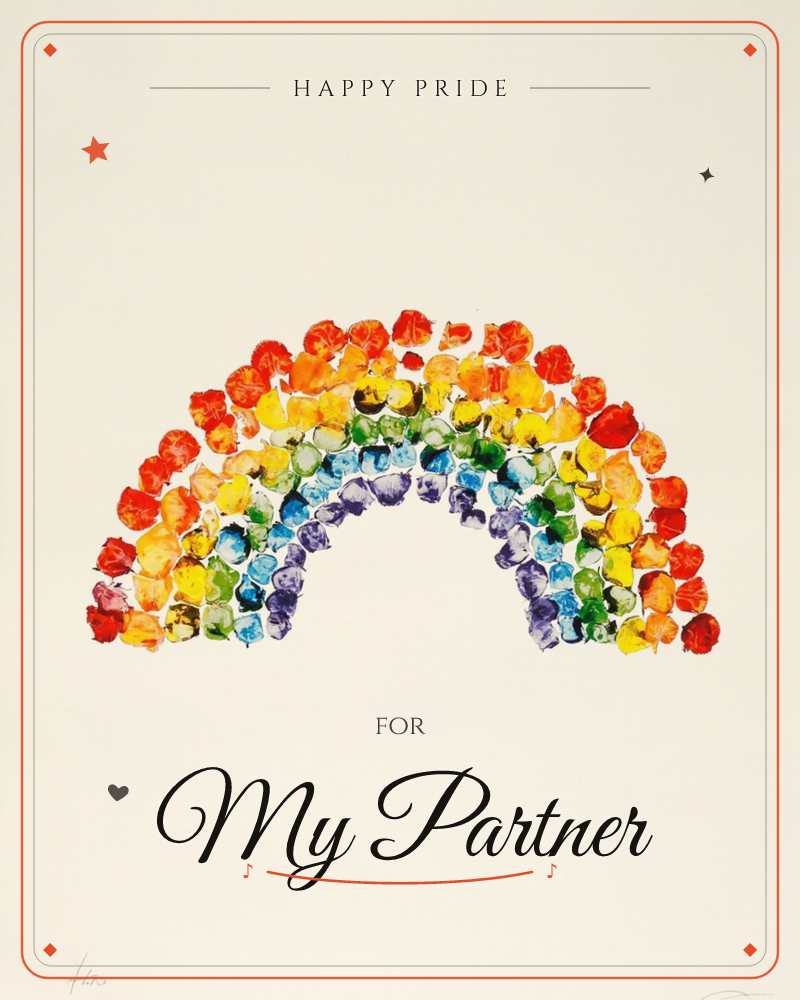 A rainbow arch is built entirely from small painted blobs and petal-like daubs, each one a distinct dab of colour rather than a smooth painted band, a pride e-card design