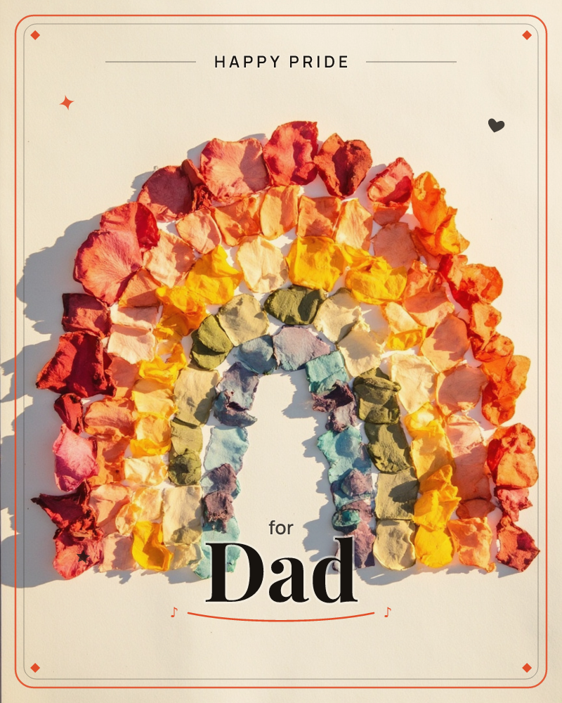 A rainbow arch built entirely from crumpled petal-like paper or fabric pieces, arranged in bands of red, orange, yellow, sage green, and pale blue…, a pride e-card design