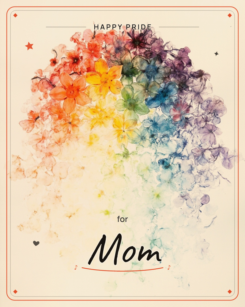 A loose, rounded cluster of watercolour blossoms blooms across the page like a rainbow gathered into one bouquet, running from fiery red and orange…, a pride e-card design
