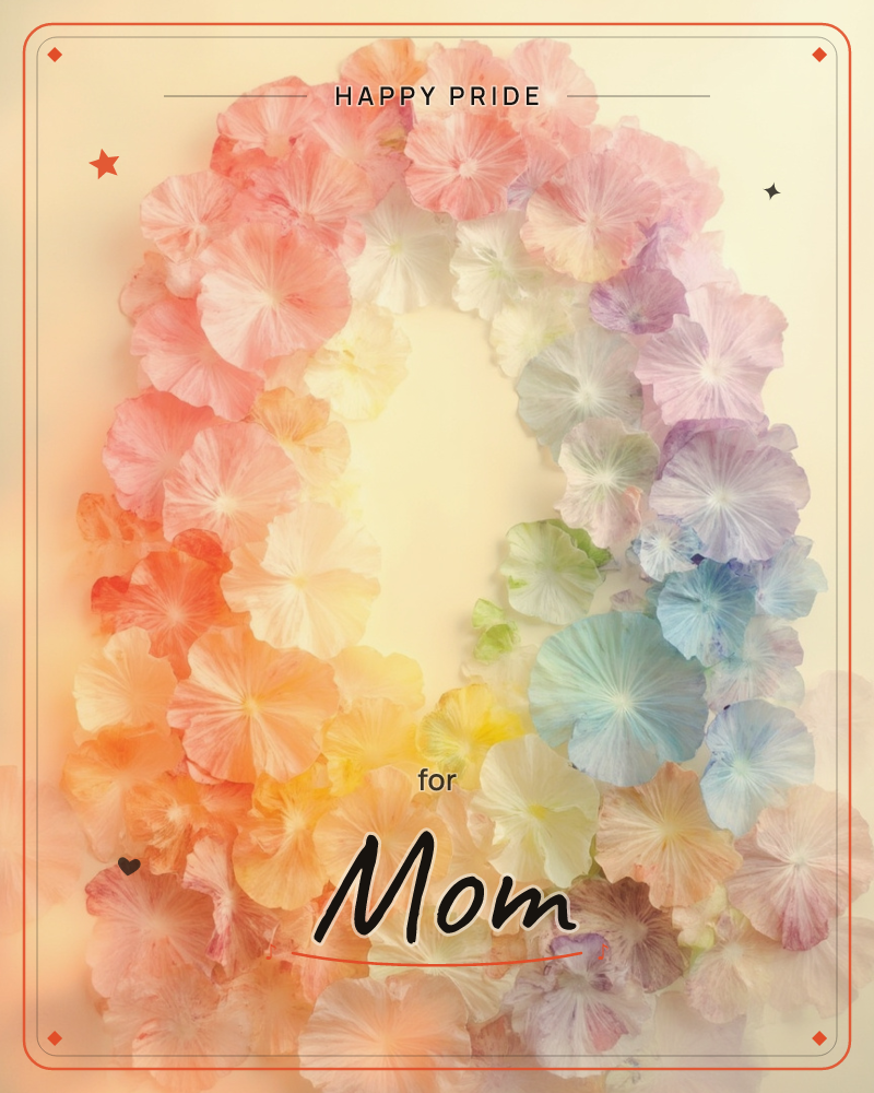 A ring of ruffled paper-like flowers forms a soft arch against a glowing, hazy backdrop, the petals shifting in a gentle rainbow from coral and orange…, a pride e-card design