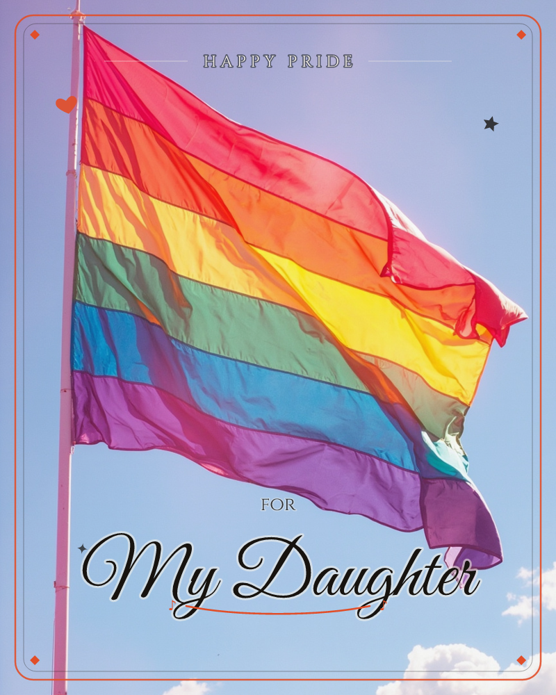 A rainbow pride flag flies from a tall pole against a clear blue sky with a few soft clouds drifting below, a pride e-card design