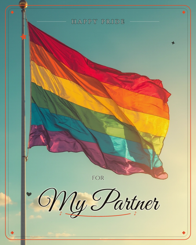 A rainbow flag flies from a metal pole against a moody, darkening sky, its stripes of red, orange, yellow, green, blue and purple caught mid-ripple in…, a pride e-card design