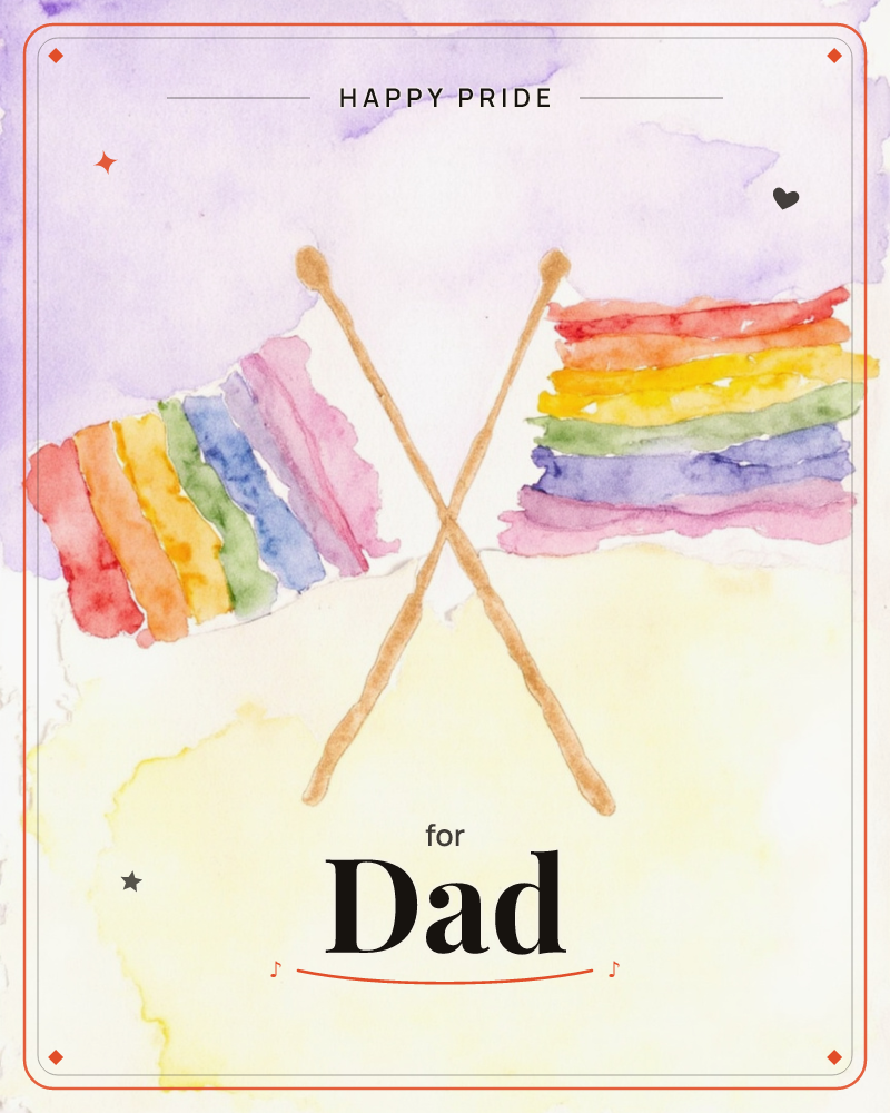 Two rainbow-striped flags cross on wooden poles against a soft lavender sky that fades into a pale yellow ground, a pride e-card design