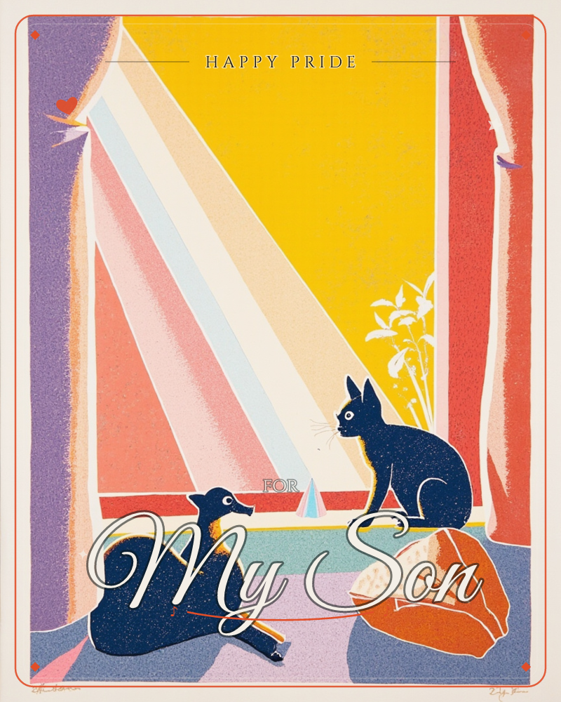 A stylised navy cat perches on a windowsill facing a curled dog, both silhouetted against a bold sunburst of yellow, coral and cream stripes framed by…, a pride e-card design