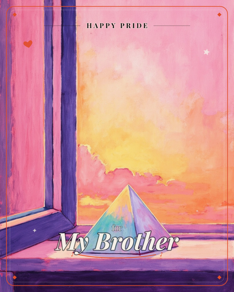 A small glass pyramid sits on a windowsill, its surface catching cool blue and green light against a blazing pink and gold sunset outside, a pride e-card design