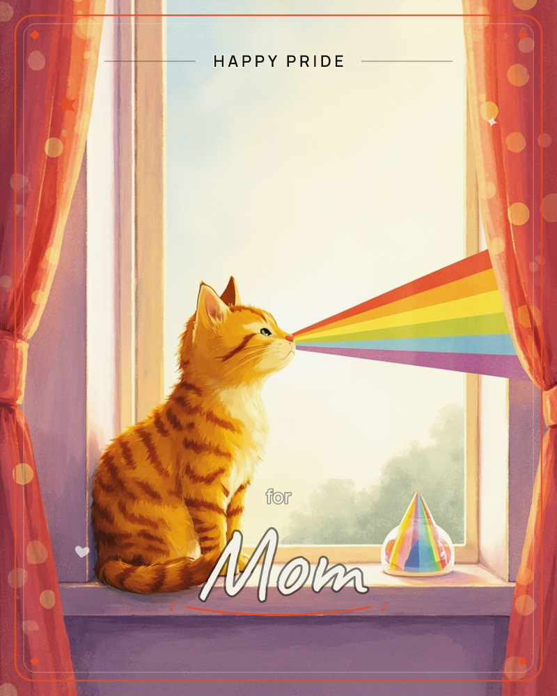 An orange tabby cat sits on a sunlit windowsill between rose-pink curtains, beaming a wide rainbow ray straight out of its mouth into the hazy morning…, a pride e-card design