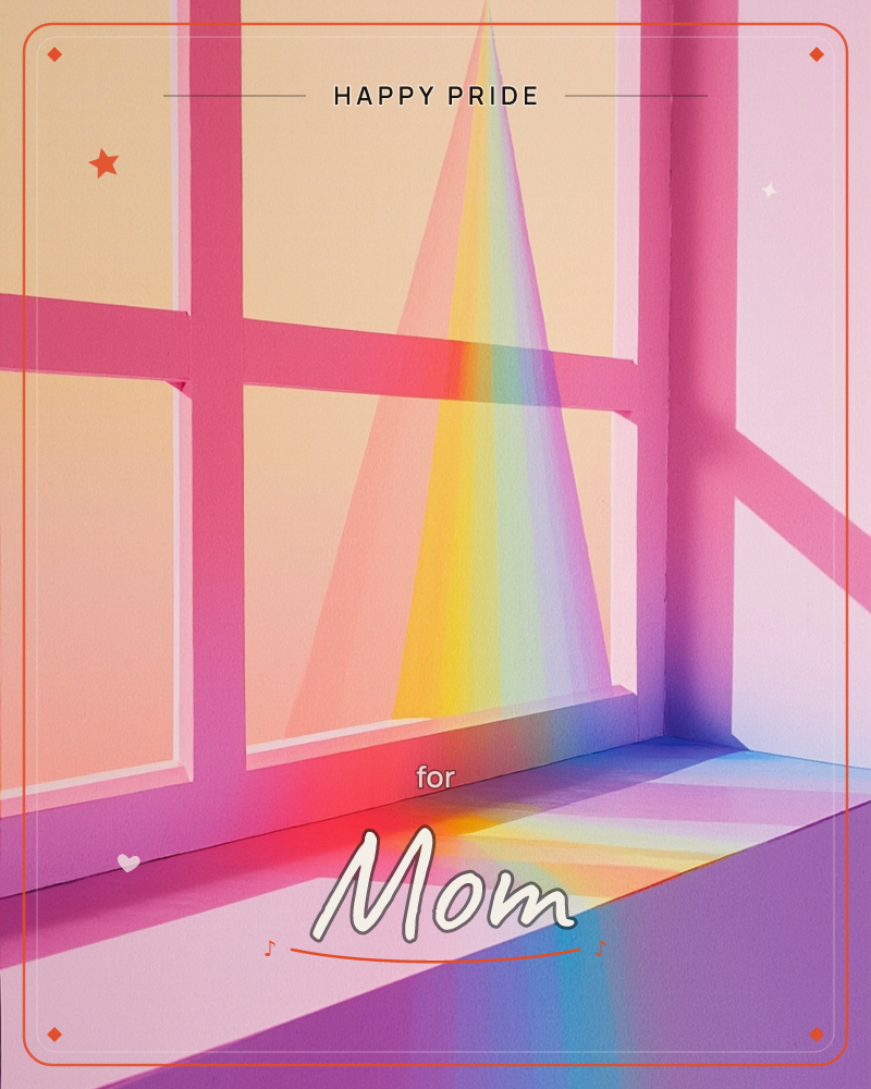 A window with pink-painted frames casts a triangular beam of rainbow light across a bare floor and wall, the spectrum sliding from red at the base up…, a pride e-card design