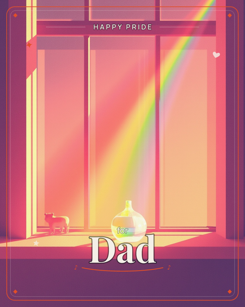A pale rainbow beam cuts diagonally through a tall three-paned window, washing a small ceramic vase and a tiny toy animal in warm pink and gold light, a pride e-card design