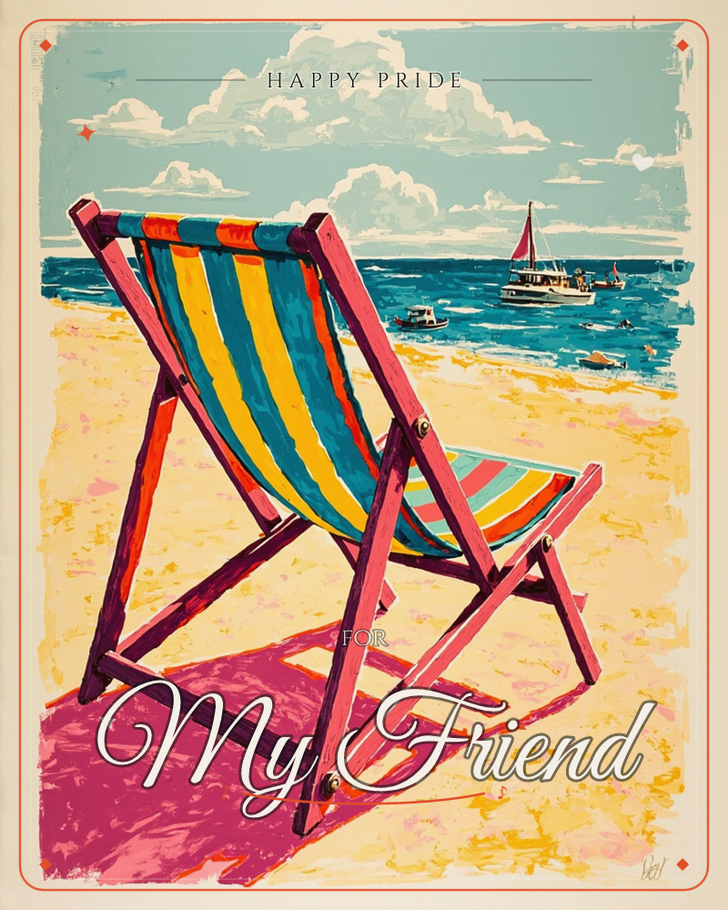 A striped deckchair in teal, yellow and coral sits empty on a sandy beach, facing out to sea, a pride e-card design