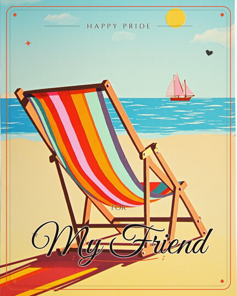 A striped deckchair sits empty on a sandy beach, facing a calm blue sea where a small pink-sailed boat drifts under a mustard-yellow sun, a pride e-card design