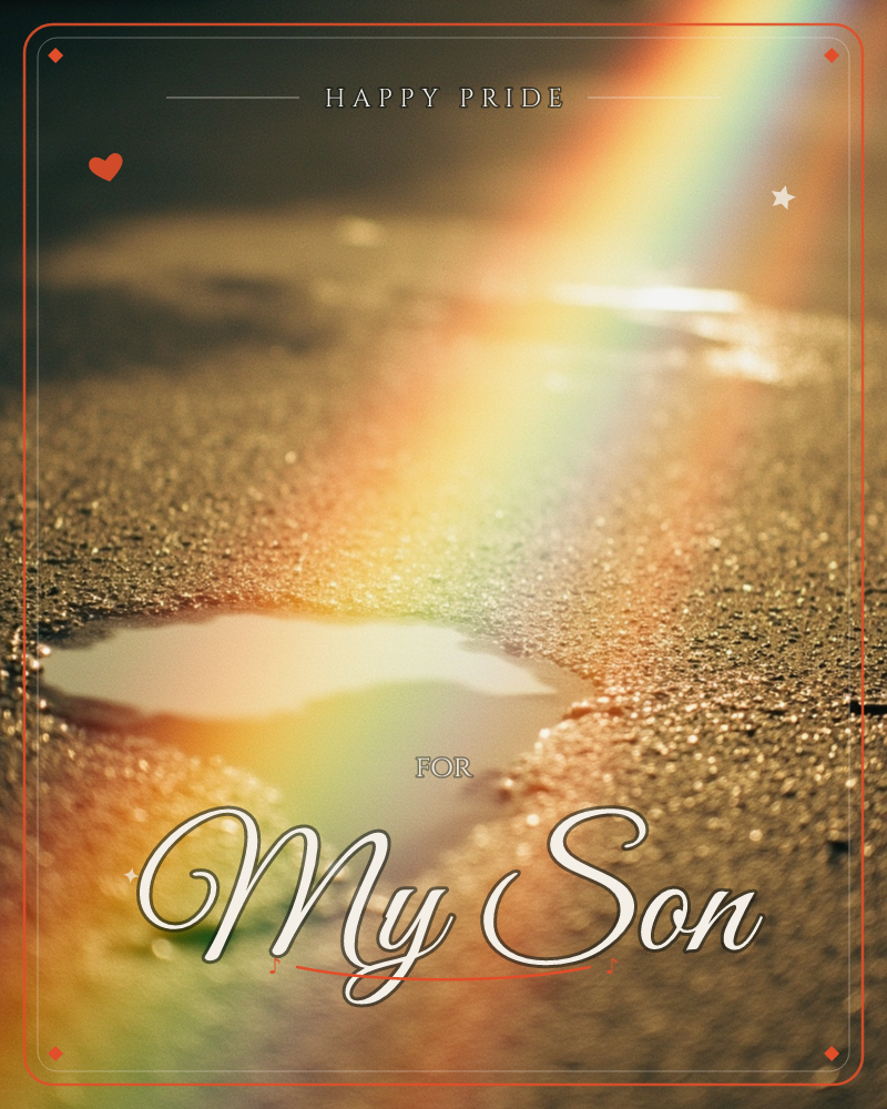 A close-up photograph of wet, grainy pavement where a shaft of rainbow light lands directly in a small puddle, a pride e-card design