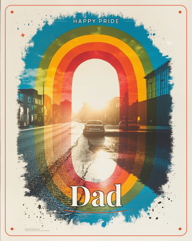 A city street glows with a blinding sunset at its far end, cars silhouetted as they head toward the light, buildings lining both sides in silhouette, a pride e-card design