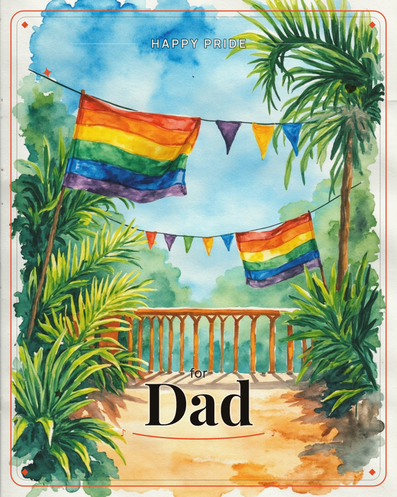 A watercolour garden path leads to a wooden railing overlook, framed by palm fronds and lush greenery, a pride e-card design