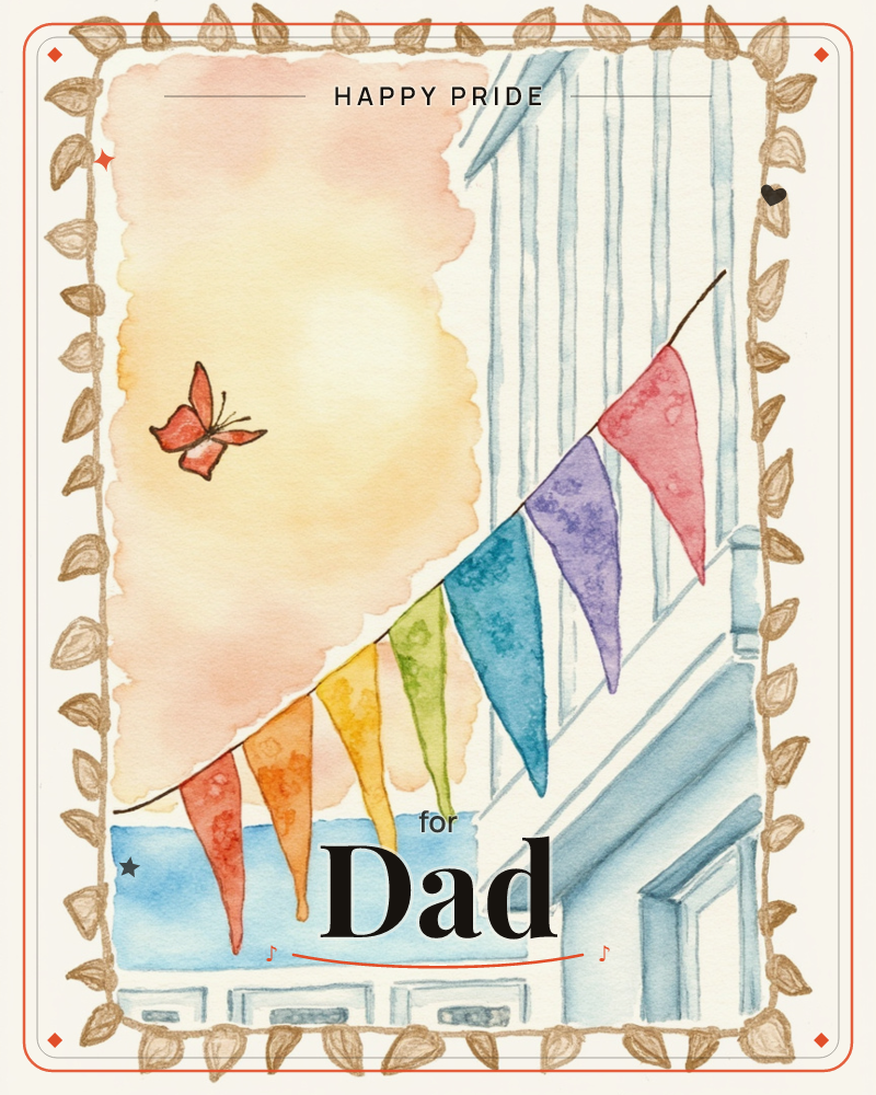 A rainbow string of pennant flags is strung from a pale blue porch column across a glowing peach-and-yellow sky, with a single red butterfly drifting past, a pride e-card design