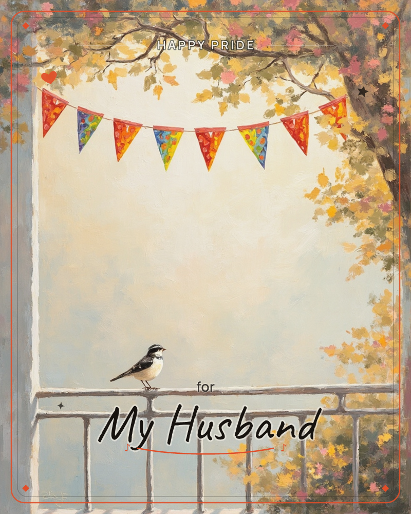 A small black-and-white bird perches alone on a garden railing beneath a string of colourful patterned bunting, framed by an autumn tree dropping gold…, a pride e-card design
