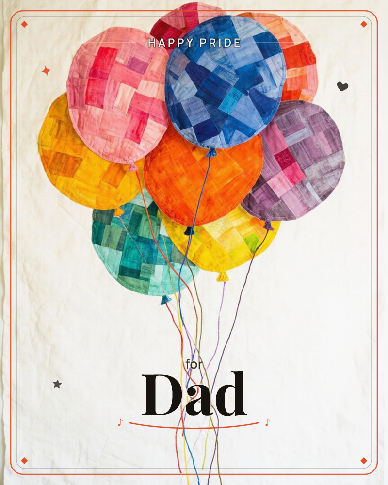 A cluster of balloons made from patchworked fabric scraps floats against a plain cream backdrop, each one pieced together from small squares of colour…, a pride e-card design