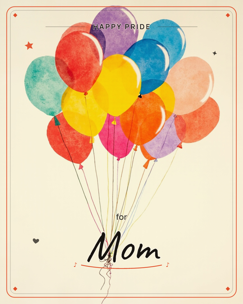 A tightly bunched cluster of watercolour balloons floats against a softly vignetted cream background that fades to dark at the edges, a pride e-card design