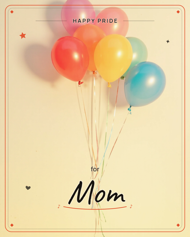 A bunch of party balloons in red, yellow, teal, and lavender floats against a plain cream wall, their curling ribbons trailing downward, a pride e-card design