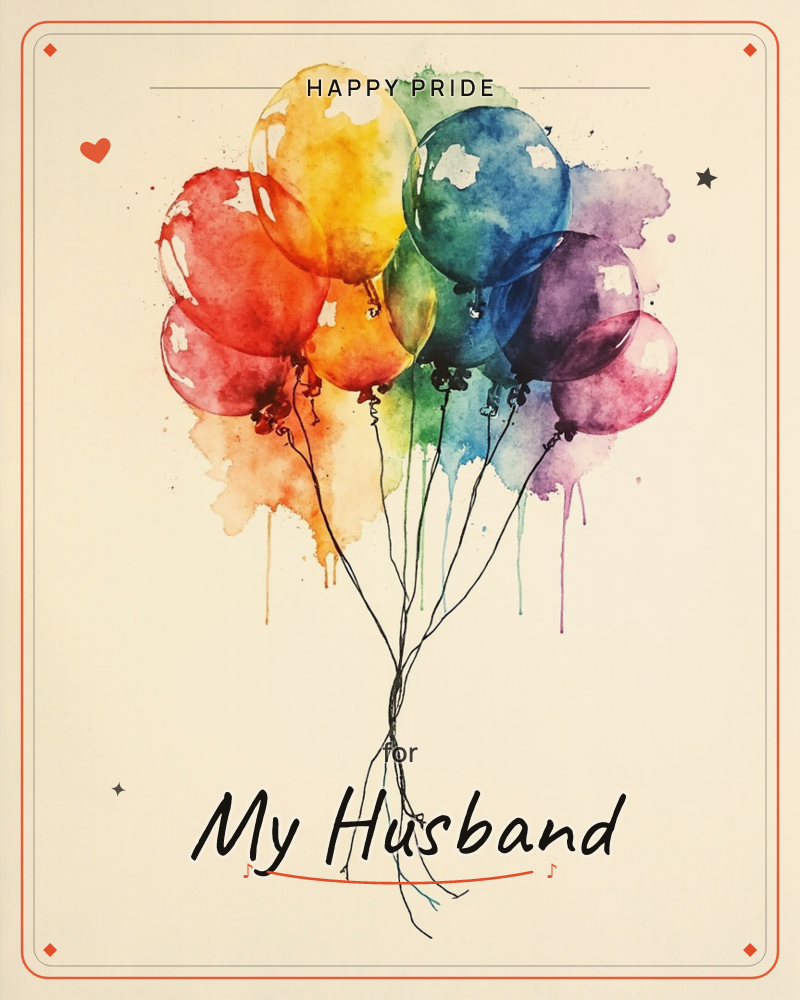 A cluster of watercolour balloons drifts against a pale, softly vignetted background, their strings tangled together in loose ink lines, a pride e-card design