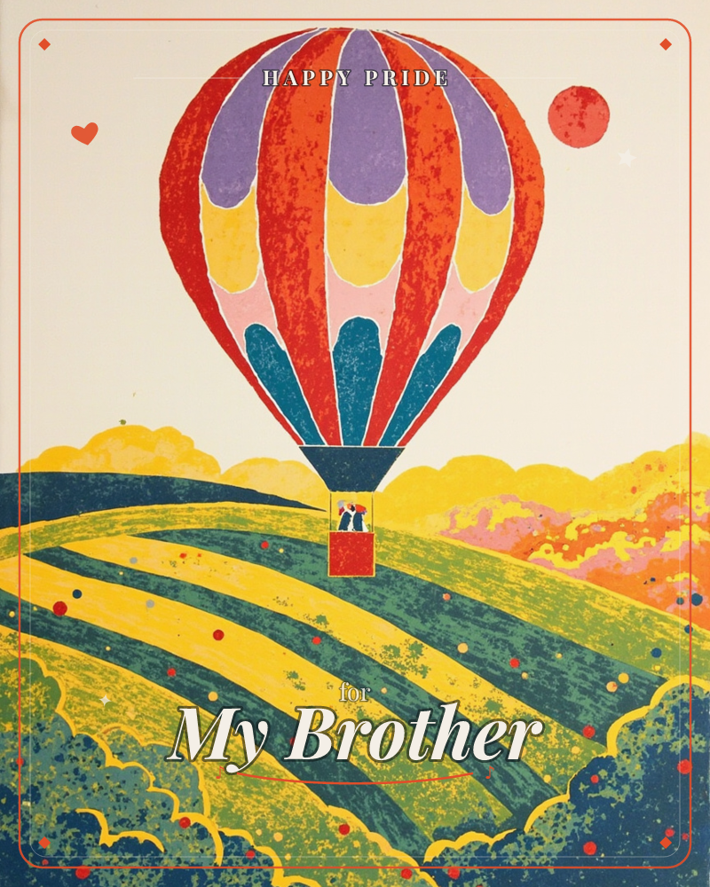A striped hot air balloon in red, purple, yellow and teal drifts above rolling striped fields, a small red sun or moon hanging in the pale sky beside it, a pride e-card design