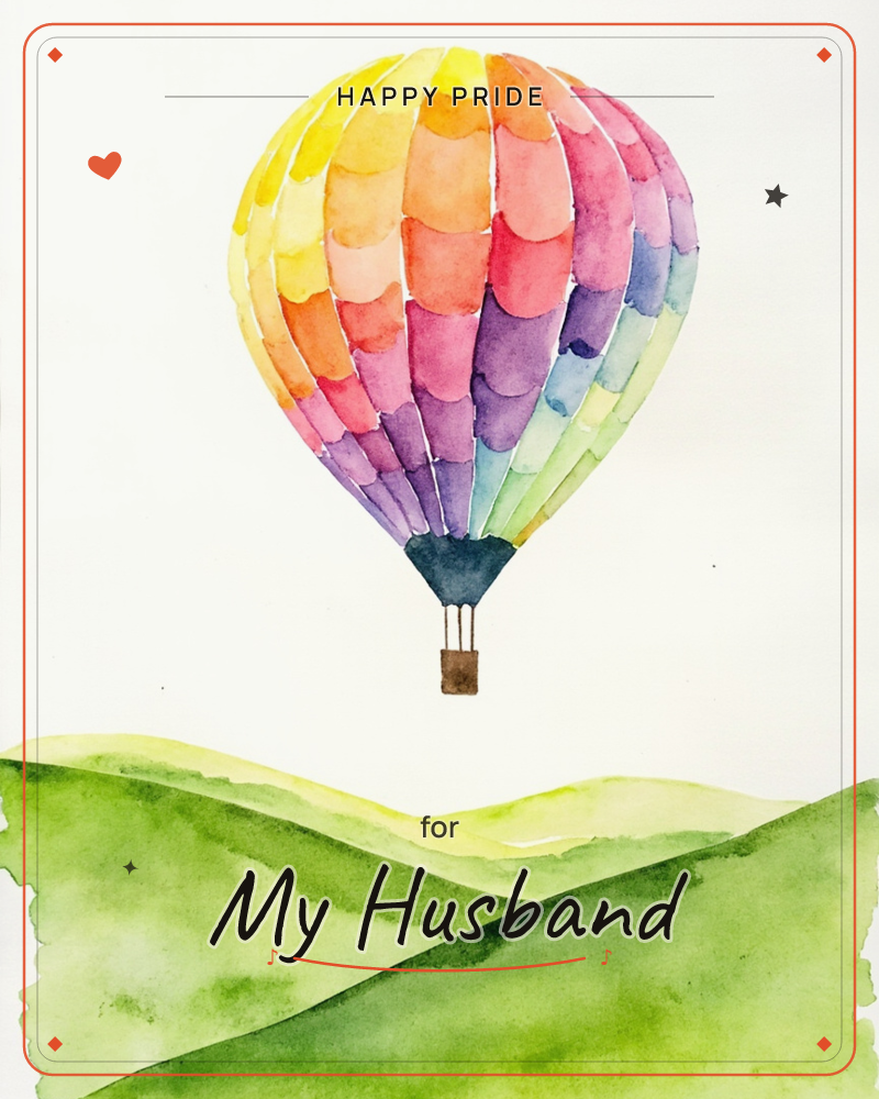 A rainbow-striped hot air balloon drifts alone over soft rolling green hills, painted in loose watercolour washes that bleed gently into a pale sky, a pride e-card design