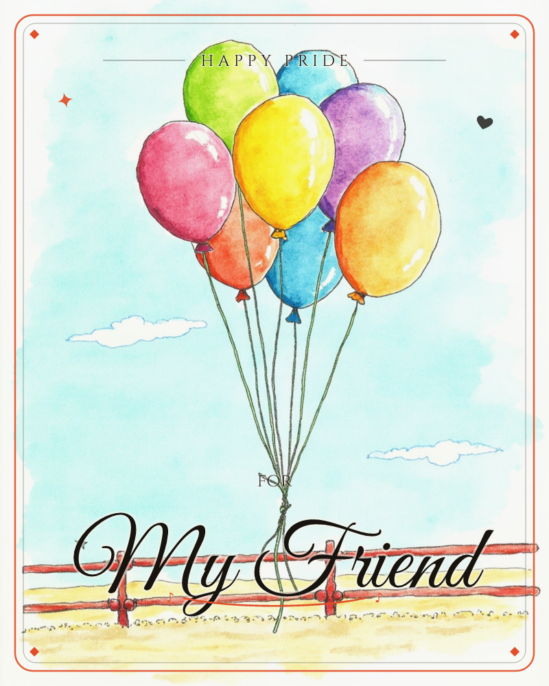 A bunch of seven balloons in pink, yellow, green, blue, purple and orange is tied to a weathered red wooden fence, bobbing against a bright blue sky…, a pride e-card design
