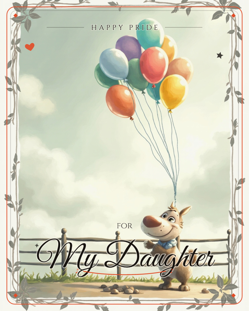 A cheerful cartoon puppy in a little blue bow stands beside a wooden fence, gazing up at a huge bunch of balloons tied to its paw, a pride e-card design