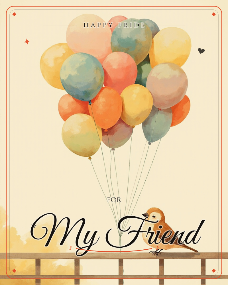 A small brown-and-cream bird perches on a wooden railing, holding the strings of a huge cluster of balloons in soft coral, teal, mustard and blush tones, a pride e-card design