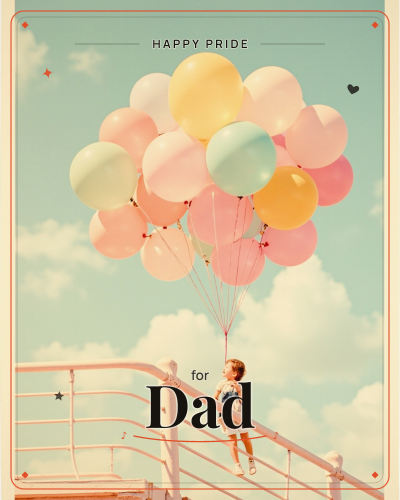 A child perches on a pale pink railing against a soft blue sky, holding a huge bunch of pastel balloons in yellow, mint, pink and cream, a pride e-card design