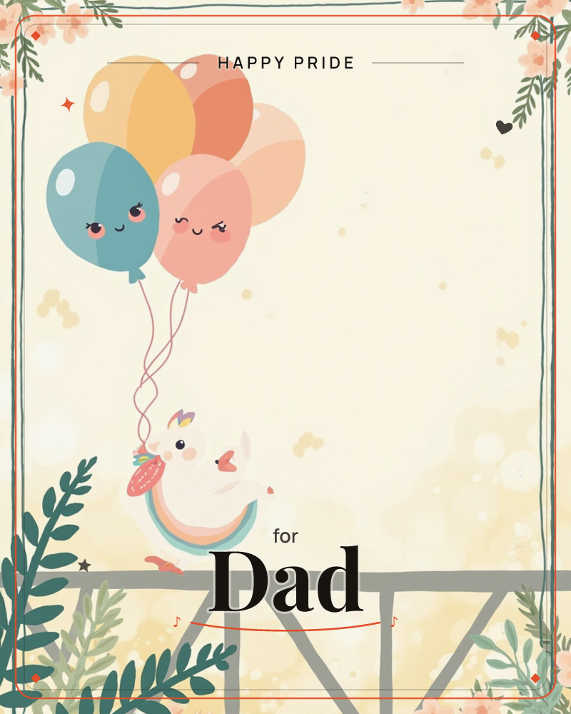 A small cartoon unicorn perches on a wooden fence rail, holding a bunch of smiling balloons in blue, coral, and gold, a pride e-card design