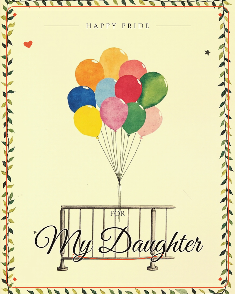 A bundle of ten balloons in orange, pink, red, green, blue and yellow is tied to a plain metal barrier rail against a soft cream background, bordered…, a pride e-card design