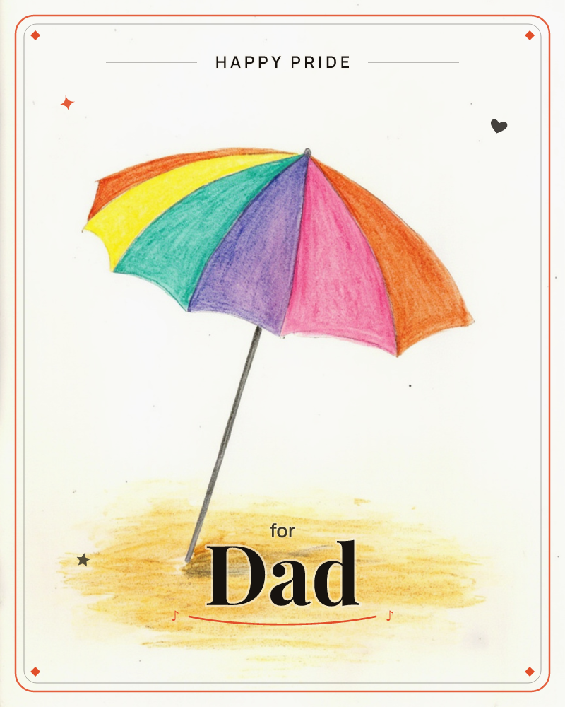 A wide-open beach umbrella stands planted in a patch of golden sand, its panels striped in bold rainbow colours against a bare white background, a pride e-card design