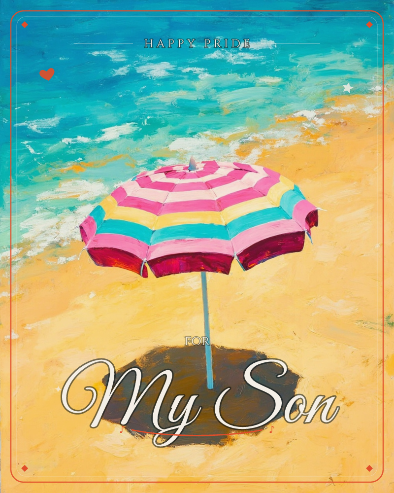A striped beach umbrella in pink, coral, yellow and turquoise stands alone on golden sand, casting a long dark shadow toward the viewer, a pride e-card design
