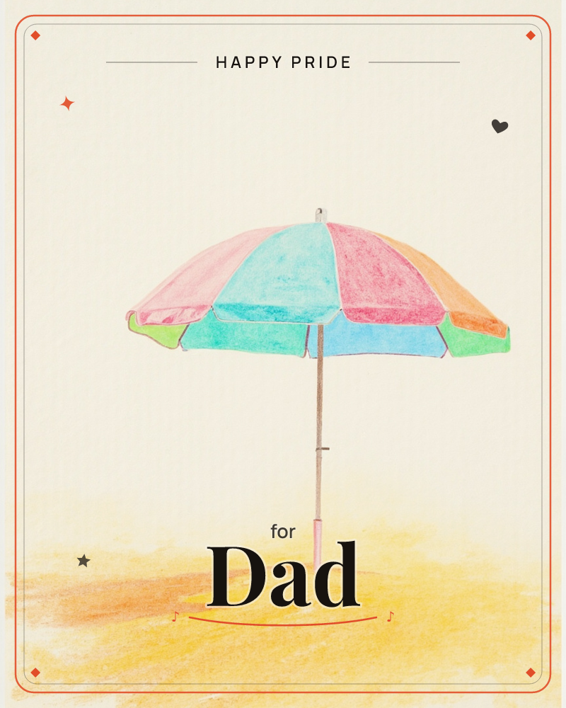 A single beach umbrella stands open on a stretch of pale sand, its panels striped in pink, teal, coral and orange like a slice of summer candy, a pride e-card design