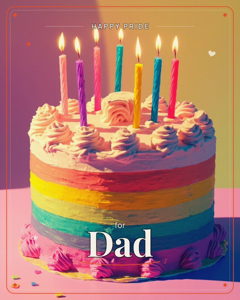 A round cake with rainbow-striped layers sits under swirls of pale pink frosting, seven lit candles in mismatched colours standing up from the top, a pride e-card design
