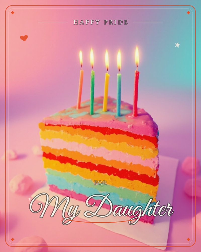 A single thick slice of rainbow layer cake sits on a small white napkin, its stripes of red, orange, yellow, blue and pink stacked between clouds of…, a pride e-card design