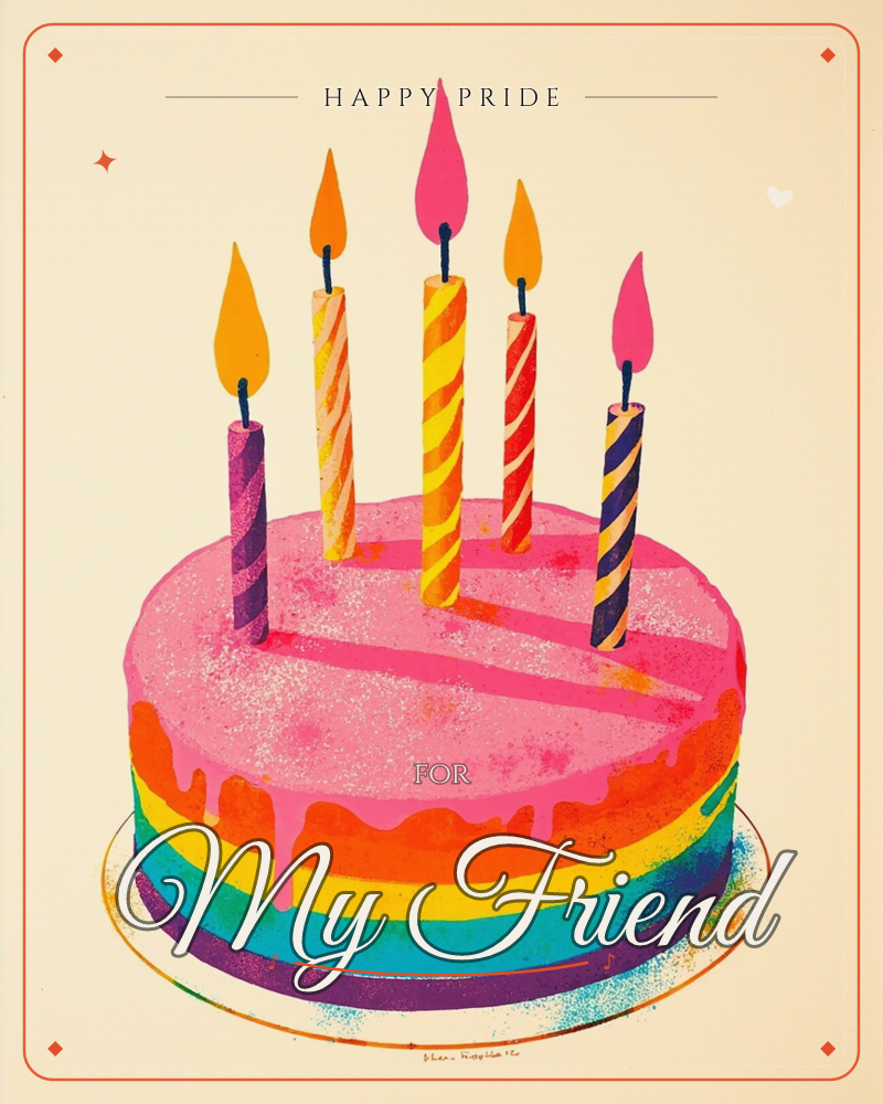 A round layered cake glows against a soft vignette, its rainbow tiers of teal, gold, and plum stacked beneath a thick drip of pink icing, a pride e-card design