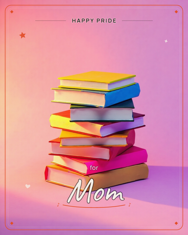 A tall, uneven stack of books photographed against a moody gradient backdrop washed in pink and violet light, each cover a different bright hue from…, a pride e-card design