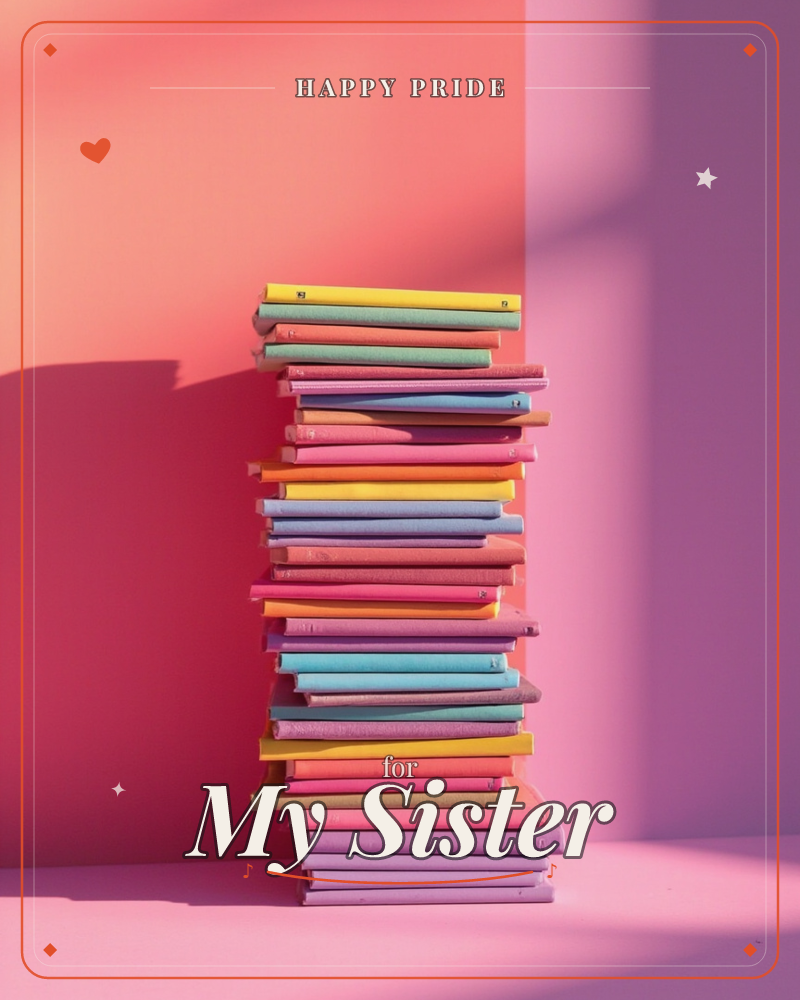 A tall, leaning stack of books in candy-bright colours, coral, mustard, teal, lilac and pink, stands against a two-tone wall of warm pink and mauve, a pride e-card design