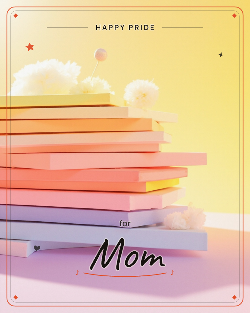 A tall stack of thin, flat panels rendered in a smooth gradient from lavender through pink, coral and peach up to soft yellow, each layer catching its…, a pride e-card design