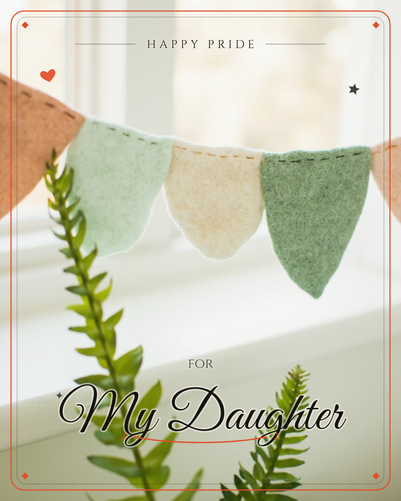 A felt bunting garland strung across a bright windowsill, its shield-shaped flags in soft sage, cream, and terracotta hand-stitched along the edges, a pride e-card design