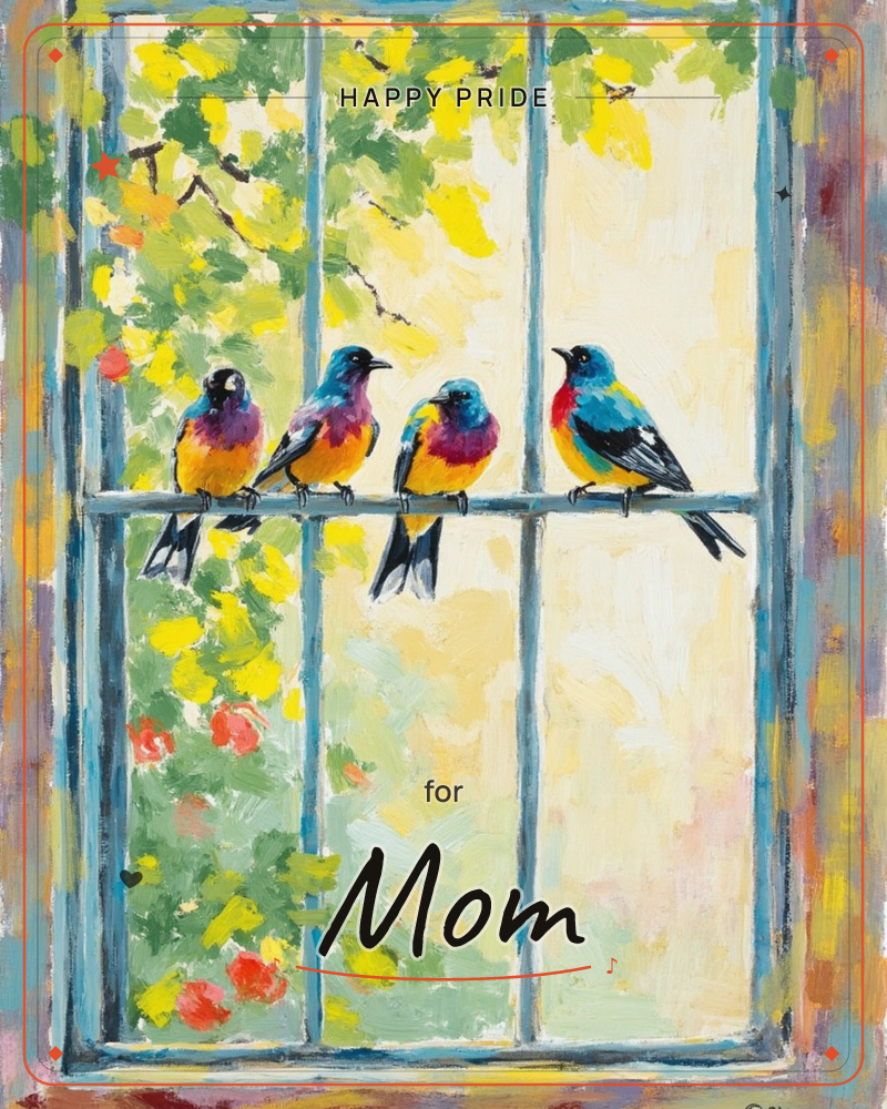 Four brightly plumaged birds line up along the crossbar of a paned window frame, their teal, orange and magenta feathers glowing against a hazy cream…, a pride e-card design