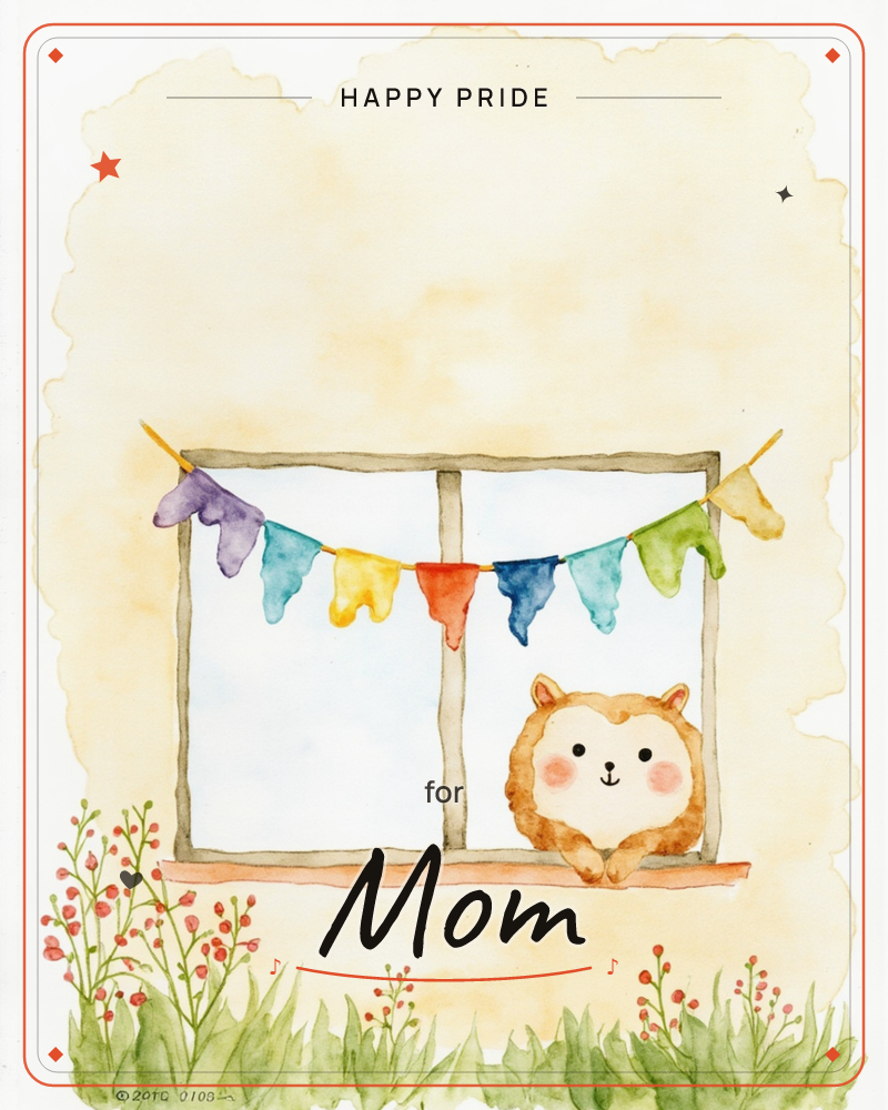 A cheerful watercolour illustration shows a fluffy round-eared animal peeking over a windowsill, framed by a wooden window with a colourful string of…, a pride e-card design